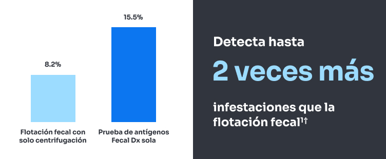 La prueba de flotación fecal con centrifugación detectó el 8,2 % de infestaciones. La prueba de antígenos Fecal Dx detectó el 15,5 % de infestaciones.